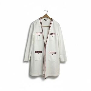 MISOOK White Textured Open Front Cardigan Jacket Womens Size M Red Trim Pockets